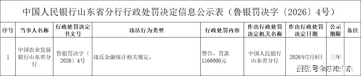 中国农业发展银行山东省分行被罚116.6万元：违反金融统计相关规定